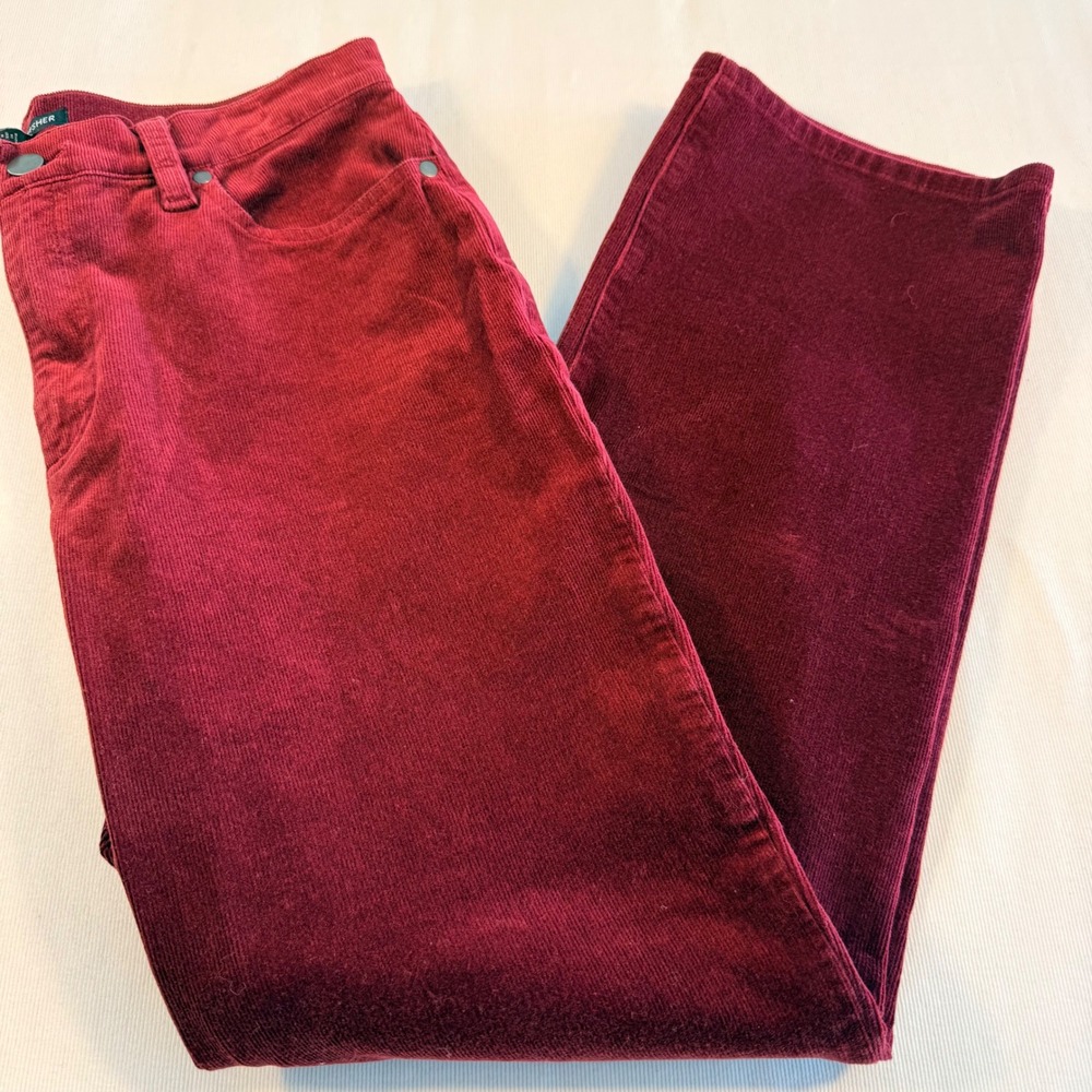 Eileen Fisher Burgundy Corduroy Straight Leg Pants Womens XS MidRise Stretch